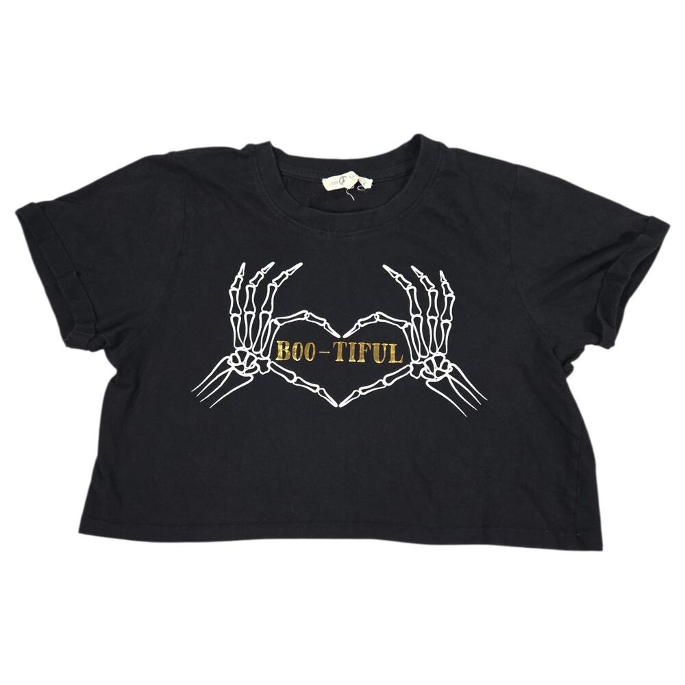 Love Lazy Days Boo-Tiful Skeleton Hand XS Cropped Tee Black Gold Halloween Goth